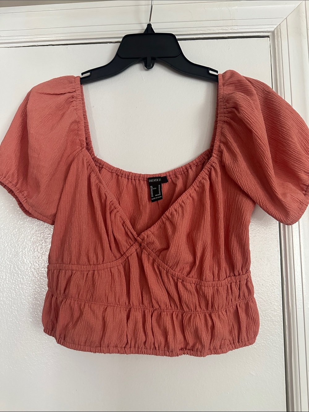 Coral Puff Sleeve Smocked Crop Top